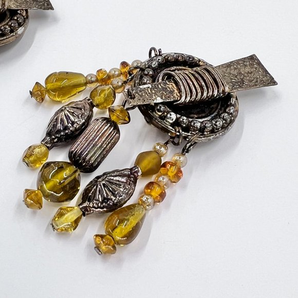 NWOT - Large Yellow Beaded Antiqued Gold Statement Chandelier Clip Earrings - Picture 7 of 8